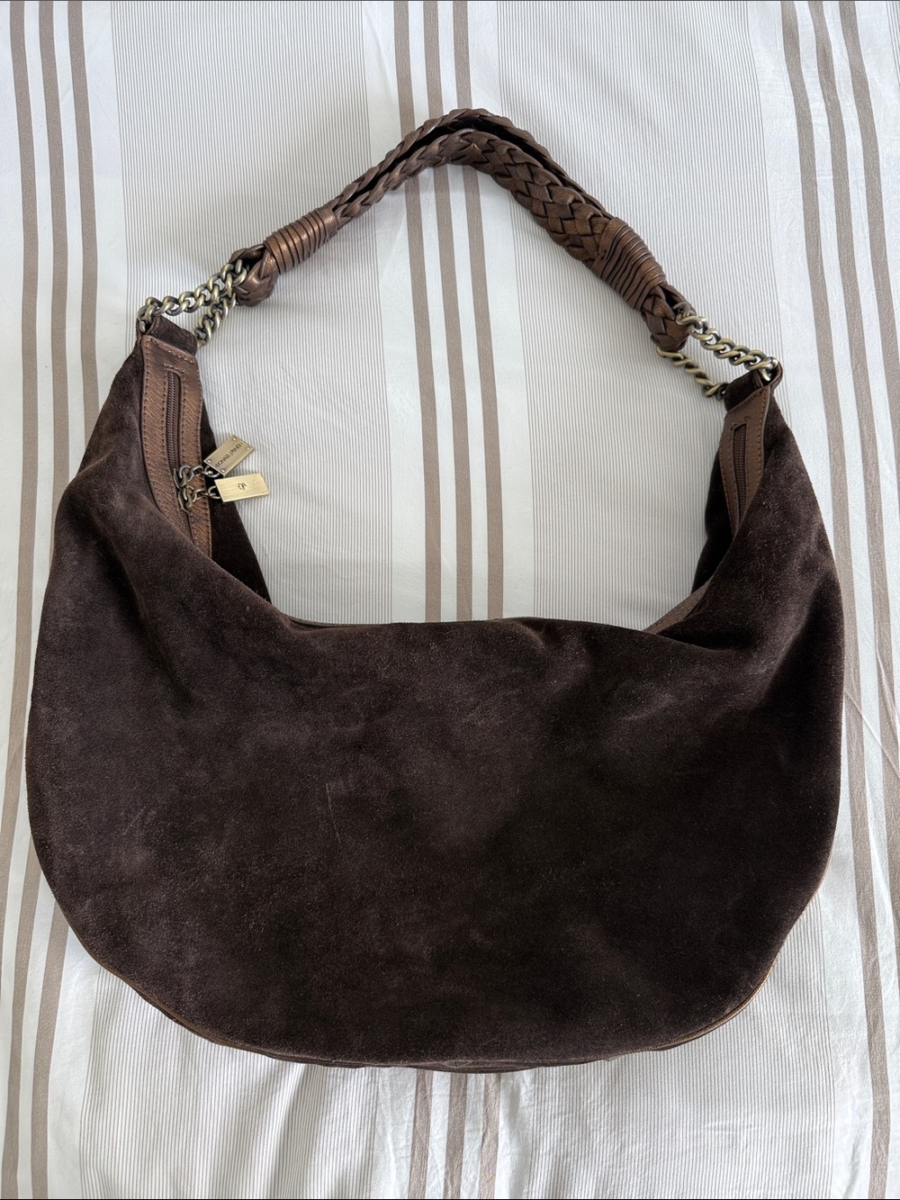 Dark Brown Suede Leather Hobo Shoulder Bag with Braided Handle & Studs